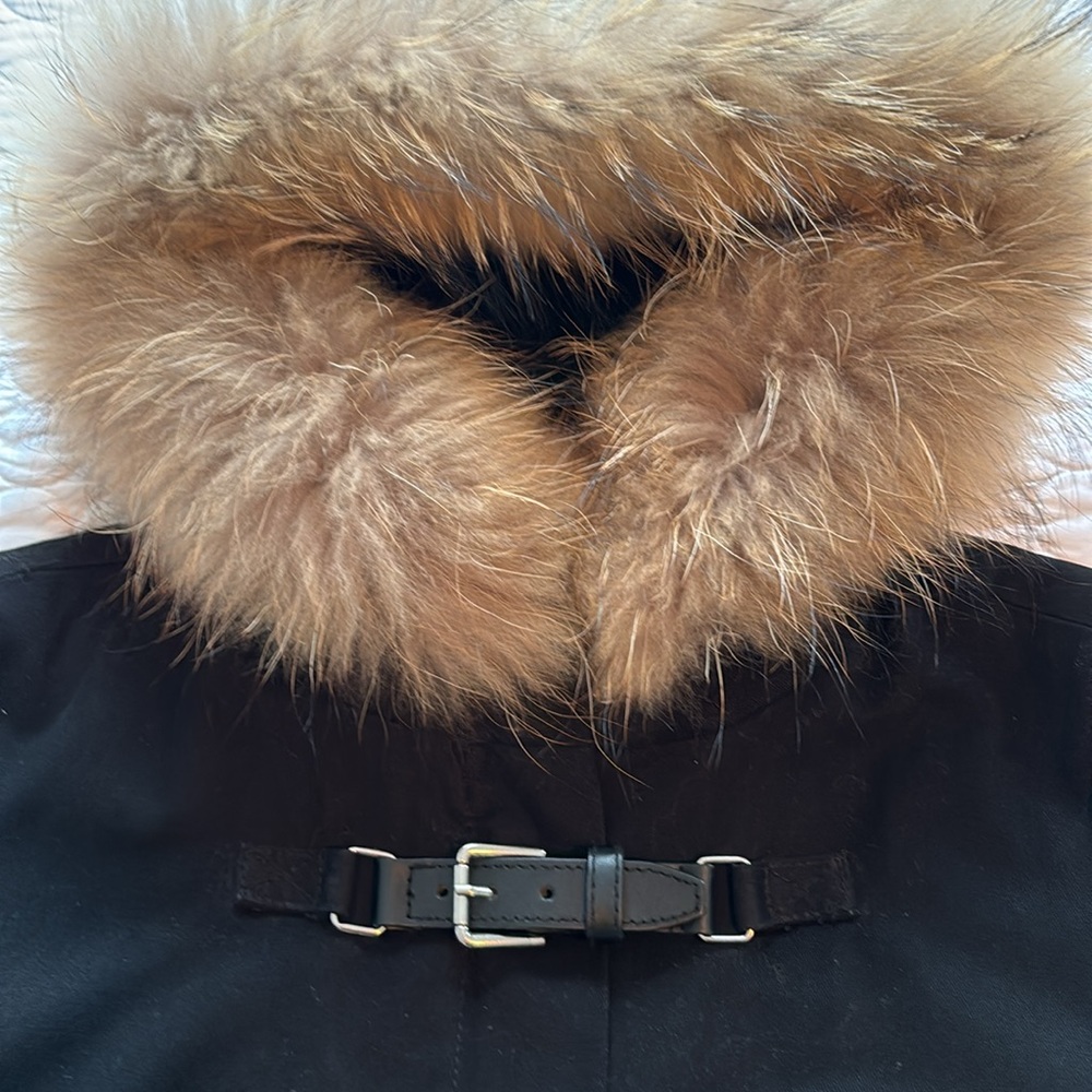 MAJE Black Fox Fur Lightweight Parka Leather Trim sz 1 (small)